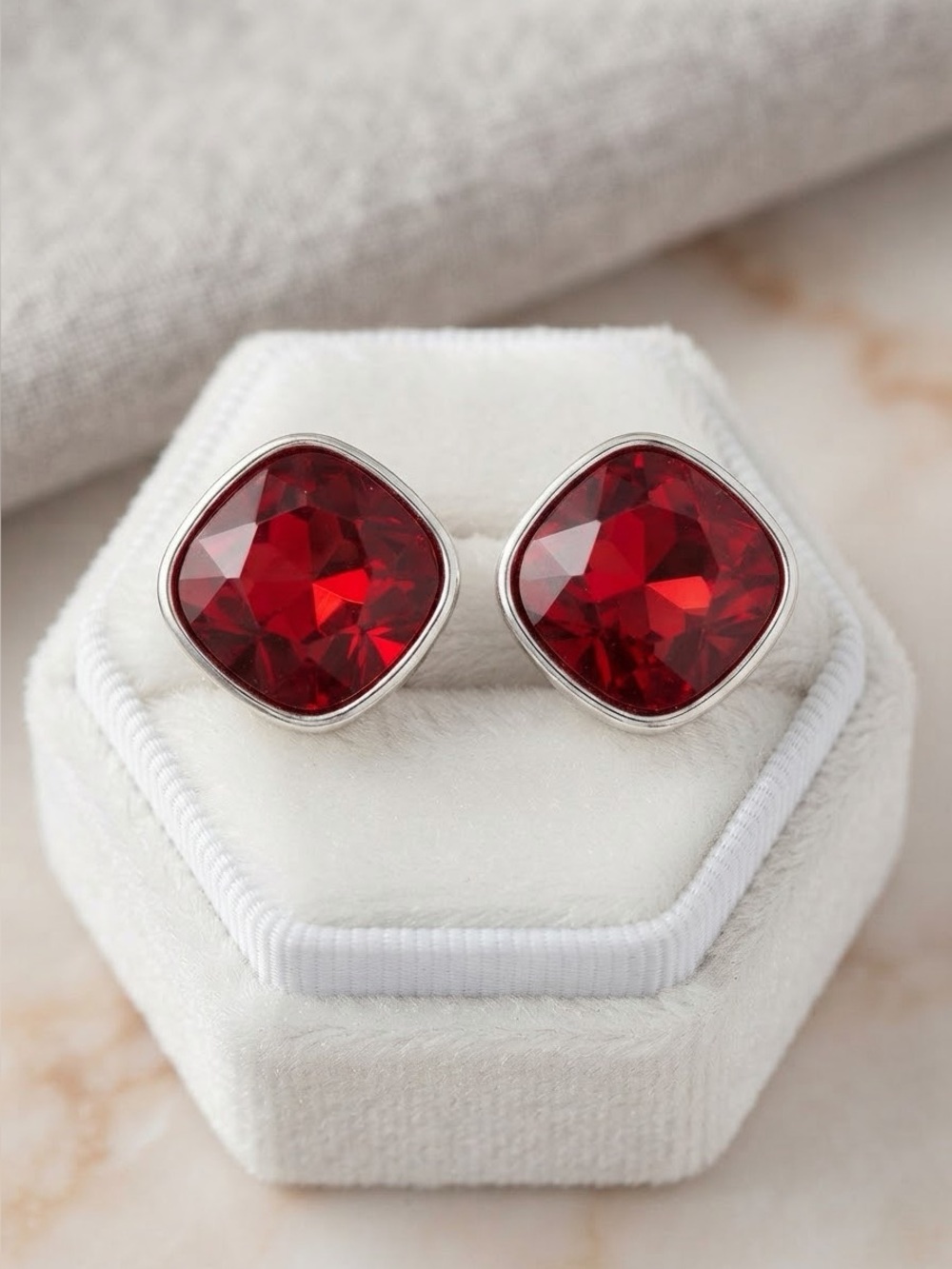 Red Crystal Stud Earrings | Cushion Cut Silver Tone Ruby Red Posts